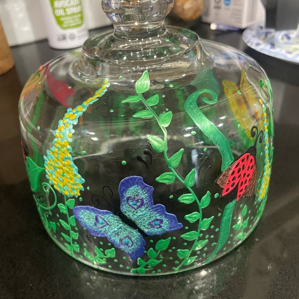 Hand-Painted Glass Cloche with Butterfly and Ladybug Accents